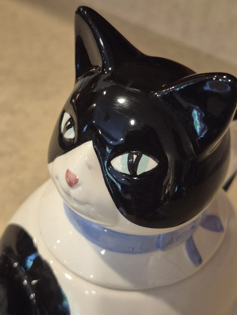 Black and White Cat Teapot with Blue Collar - Ceramic Pet Décor Unbranded